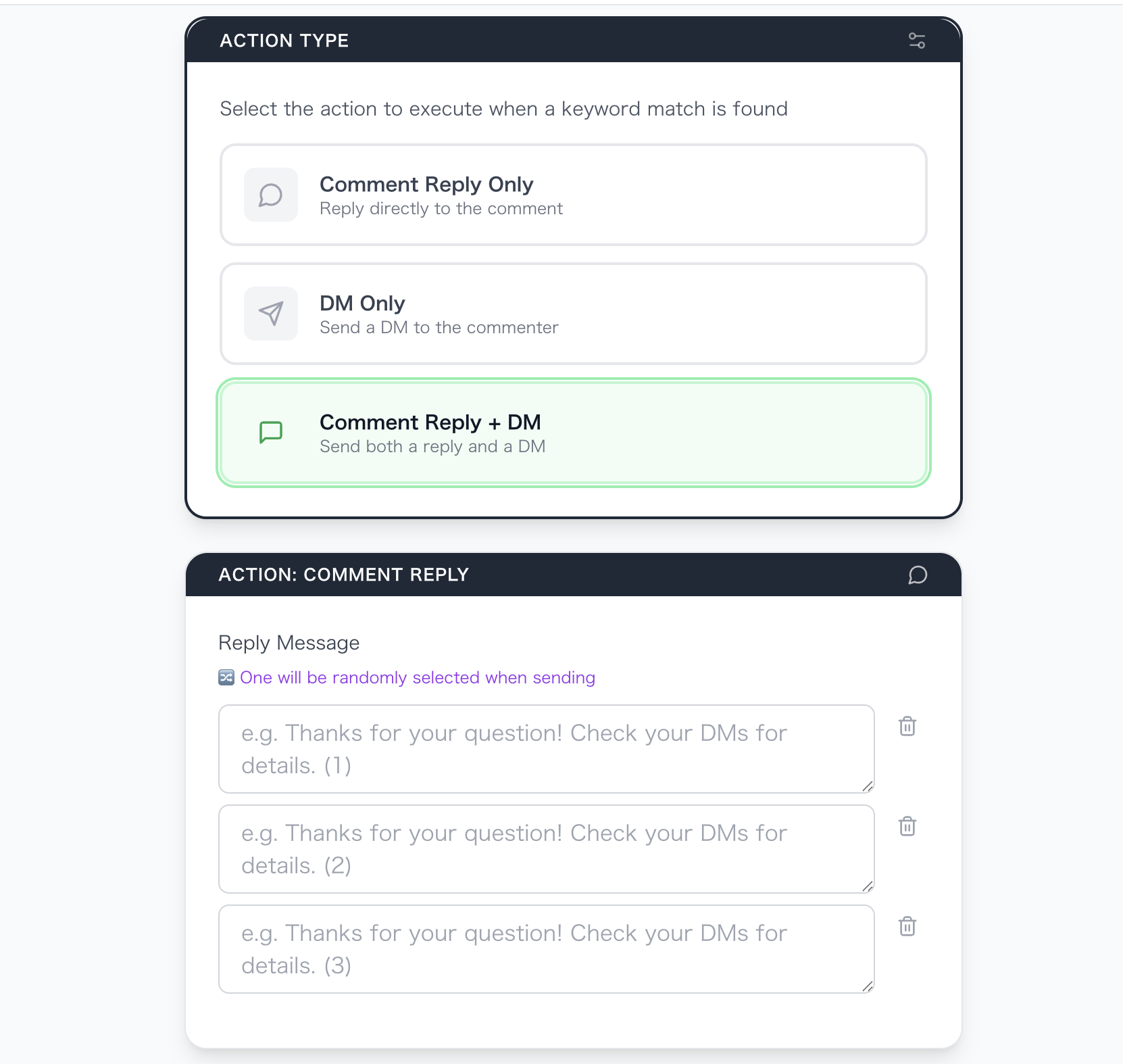 AutoDMアクション設定 — アクションタイプとメッセージエディター